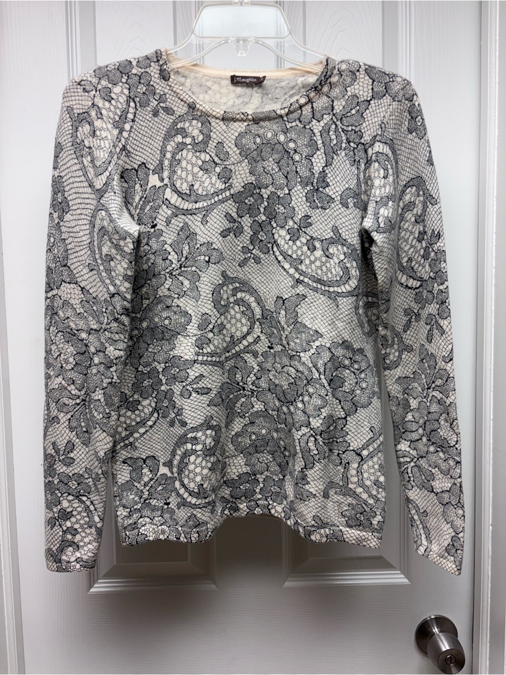 J. McLaughlin 100% Cashmere Printed Sweater Top XS Black Gray Cream